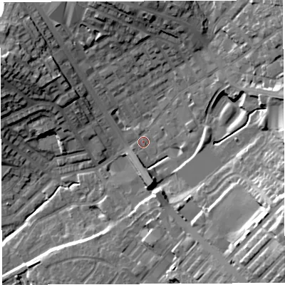 Shaded relief map of the ground around BL67PJ, computed from Environment Agency LiDAR. The ground here sits at about 120 m above sea level and falls 30 m across the surrounding 800 m. Surface water reaching this point runs off ground lying to the north-east, 19.7 m higher.