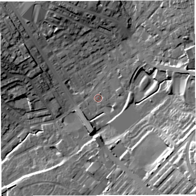 Shaded relief map of the ground around BL67PN, computed from Environment Agency LiDAR. The ground here sits at about 121 m above sea level and falls 33 m across the surrounding 800 m. Surface water reaching this point runs off ground lying to the east, 1.6 m higher.