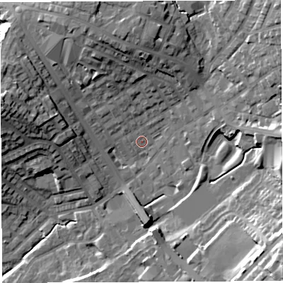 Shaded relief map of the ground around BL67PP, computed from Environment Agency LiDAR. The ground here sits at about 122 m above sea level and falls 31 m across the surrounding 800 m. Surface water reaching this point runs off ground lying to the north-north-west, 9.6 m higher.