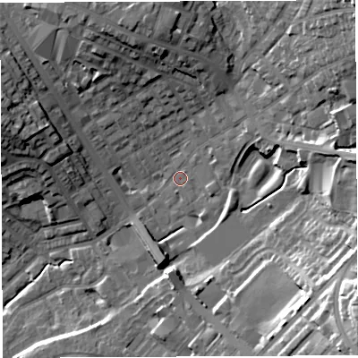 Shaded relief map of the ground around BL67PQ, computed from Environment Agency LiDAR. The ground here sits at about 122 m above sea level and falls 34 m across the surrounding 800 m. Surface water reaching this point runs off ground lying to the east, 17.6 m higher.