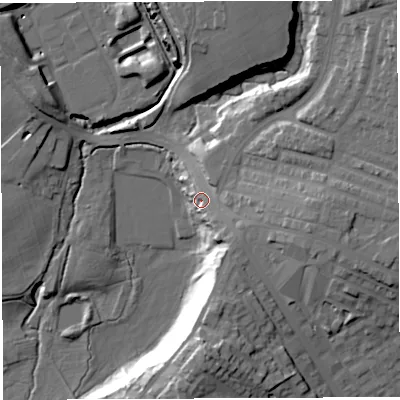 Shaded relief map of the ground around BL67QE, computed from Environment Agency LiDAR. The ground here sits at about 124 m above sea level and falls 33 m across the surrounding 800 m. Surface water reaching this point runs off ground lying to the south-south-east, 13.8 m higher.