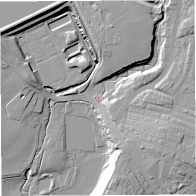 Shaded relief map of the ground around BL67QF, computed from Environment Agency LiDAR. The ground here sits at about 118 m above sea level and falls 34 m across the surrounding 800 m. Surface water reaching this point runs off ground lying to the north-east, 21.6 m higher.