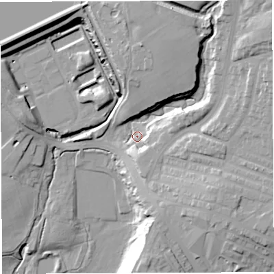Shaded relief map of the ground around BL67QG, computed from Environment Agency LiDAR. The ground here sits at about 120 m above sea level and falls 36 m across the surrounding 800 m. Surface water reaching this point runs off ground lying to the north-east, 19.6 m higher.