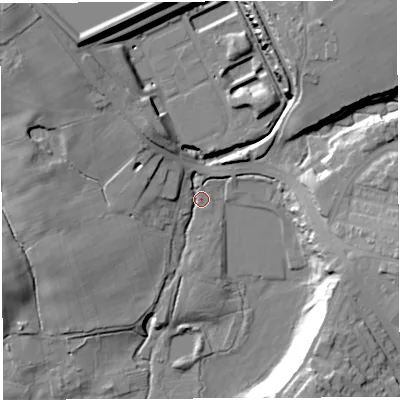Shaded relief map of the ground around BL67RH, computed from Environment Agency LiDAR. The ground here sits at about 114 m above sea level and falls 32 m across the surrounding 800 m. Surface water reaching this point runs off ground lying to the north-west, 9.7 m higher.