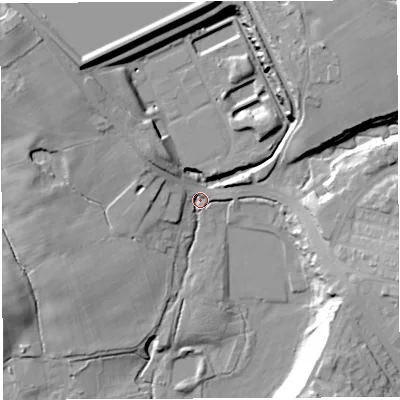Shaded relief map of the ground around BL67RN, computed from Environment Agency LiDAR. The ground here sits at about 114 m above sea level and falls 31 m across the surrounding 800 m. Surface water reaching this point runs off ground lying to the north-east, 22.6 m higher.