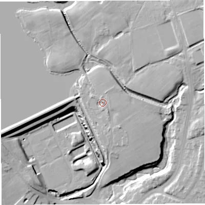 Shaded relief map of the ground around BL67RT, computed from Environment Agency LiDAR. The ground here sits at about 135 m above sea level and falls 41 m across the surrounding 800 m. Surface water reaching this point runs off ground lying to the east, 3.1 m higher.
