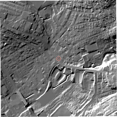 Shaded relief map of the ground around BL67TG, computed from Environment Agency LiDAR. The ground here sits at about 127 m above sea level and falls 50 m across the surrounding 800 m. Surface water reaching this point runs off ground lying to the north-east, 38.8 m higher.