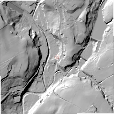 Shaded relief map of the ground around BL70DS, computed from Environment Agency LiDAR. The ground here sits at about 148 m above sea level and falls 52 m across the surrounding 800 m. Surface water reaching this point runs off ground lying to the east-north-east, 22.9 m higher.