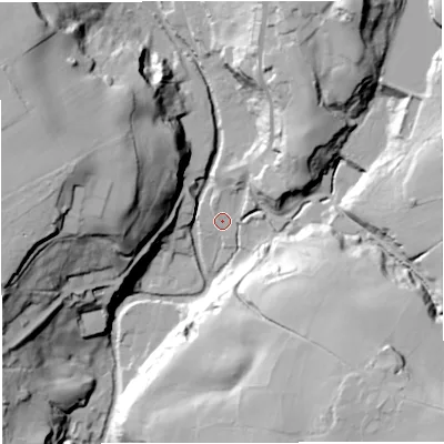 Shaded relief map of the ground around BL70DY, computed from Environment Agency LiDAR. The ground here sits at about 142 m above sea level and falls 51 m across the surrounding 800 m. Surface water reaching this point runs off ground lying to the south-east, 45.3 m higher.