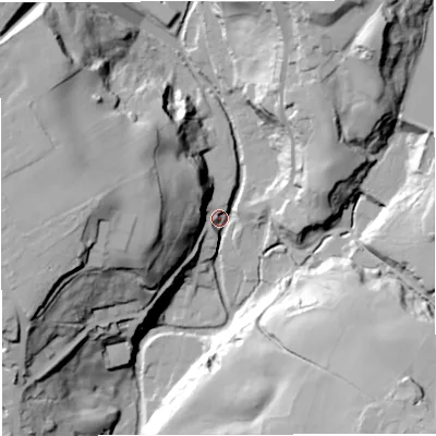 Shaded relief map of the ground around BL70EA, computed from Environment Agency LiDAR. The ground here sits at about 145 m above sea level and falls 52 m across the surrounding 800 m. Surface water reaching this point runs off ground lying to the north-north-east, 46.2 m higher.
