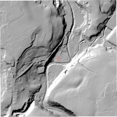 Shaded relief map of the ground around BL70EB, computed from Environment Agency LiDAR. The ground here sits at about 140 m above sea level and falls 51 m across the surrounding 800 m. Surface water reaching this point runs off ground lying to the north-west, 45.6 m higher.