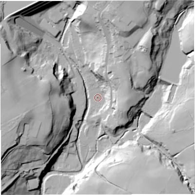 Shaded relief map of the ground around BL70EY, computed from Environment Agency LiDAR. The ground here sits at about 144 m above sea level and falls 53 m across the surrounding 800 m. Surface water reaching this point runs off ground lying to the north-north-east, 45.7 m higher.
