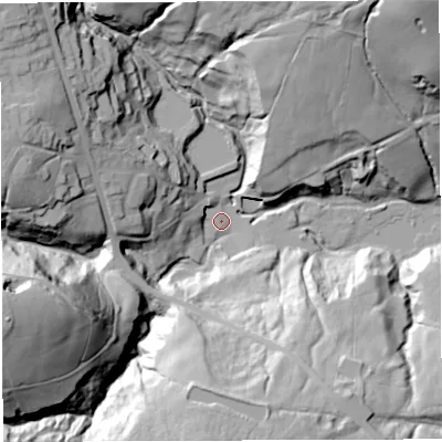 Shaded relief map of the ground around BL78AG, computed from Environment Agency LiDAR. The ground here sits at about 211 m above sea level and falls 75 m across the surrounding 800 m. Surface water reaching this point runs off ground lying to the west-south-west, 72.1 m higher.