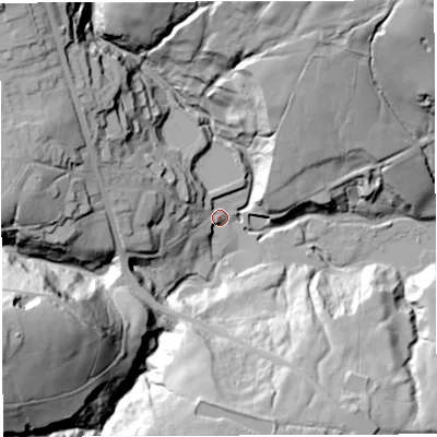 Shaded relief map of the ground around BL78BN, computed from Environment Agency LiDAR. The ground here sits at about 214 m above sea level and falls 76 m across the surrounding 800 m. Surface water reaching this point runs off ground lying to the west-south-west, 72.9 m higher.
