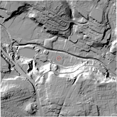 Shaded relief map of the ground around BL79DN, computed from Environment Agency LiDAR. The ground here sits at about 117 m above sea level and falls 46 m across the surrounding 800 m. Surface water reaching this point runs off ground lying to the west-north-west, 0.6 m higher.
