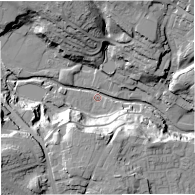 Shaded relief map of the ground around BL79DR, computed from Environment Agency LiDAR. The ground here sits at about 117 m above sea level and falls 44 m across the surrounding 800 m. Surface water reaching this point runs off ground lying to the west-south-west, 40.2 m higher.