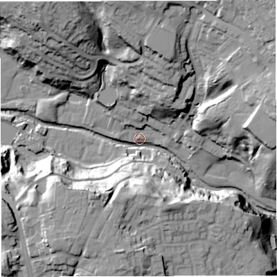 Shaded relief map of the ground around BL79DW, computed from Environment Agency LiDAR. The ground here sits at about 117 m above sea level and falls 45 m across the surrounding 800 m. Surface water reaching this point runs off ground lying to the north-west, 37.9 m higher.