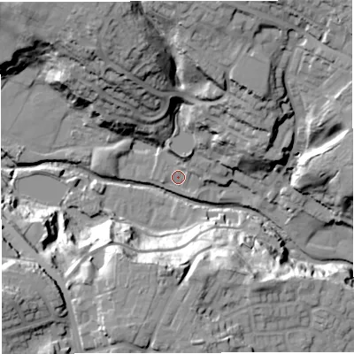 Shaded relief map of the ground around BL79DY, computed from Environment Agency LiDAR. The ground here sits at about 117 m above sea level and falls 44 m across the surrounding 800 m. Surface water reaching this point runs off ground lying to the north-north-east, 7.0 m higher.