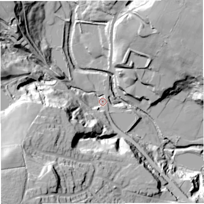 Shaded relief map of the ground around BL79PE, computed from Environment Agency LiDAR. The ground here sits at about 125 m above sea level and falls 67 m across the surrounding 800 m. Surface water reaching this point runs off ground lying to the west-south-west, 45.6 m higher.