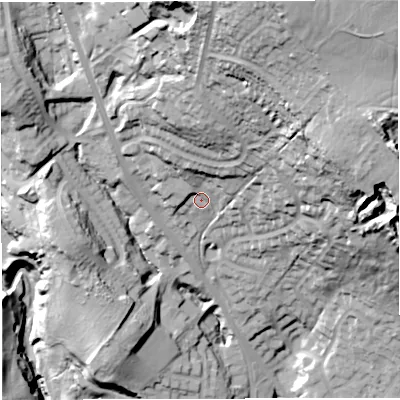 Shaded relief map of the ground around BL79SE, computed from Environment Agency LiDAR. The ground here sits at about 172 m above sea level and falls 100 m across the surrounding 800 m. Surface water reaching this point runs off ground lying to the north-east, 57.0 m higher.