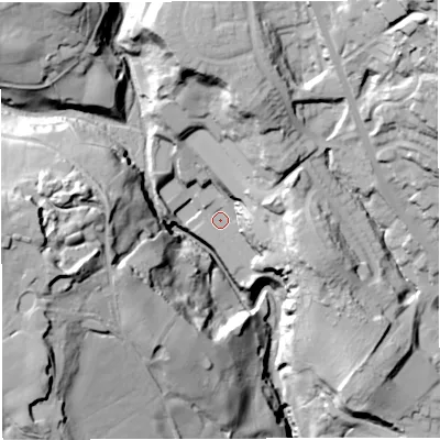 Shaded relief map of the ground around BL79YT, computed from Environment Agency LiDAR. The ground here sits at about 151 m above sea level and falls 76 m across the surrounding 800 m. Surface water reaching this point runs off ground lying to the north-north-east, 35.1 m higher.