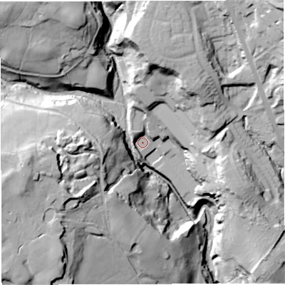 Shaded relief map of the ground around BL79YU, computed from Environment Agency LiDAR. The ground here sits at about 152 m above sea level and falls 71 m across the surrounding 800 m. Surface water reaching this point runs off ground lying to the north, 16.2 m higher.