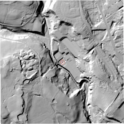 Shaded relief map of the ground around BL79YW, computed from Environment Agency LiDAR. The ground here sits at about 149 m above sea level and falls 74 m across the surrounding 800 m. Surface water reaching this point runs off ground lying to the north, 37.8 m higher.
