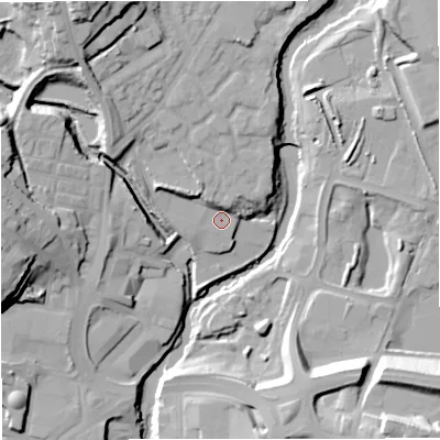 Shaded relief map of the ground around BL81AA, computed from Environment Agency LiDAR. The ground here sits at about 81 m above sea level and falls 30 m across the surrounding 800 m. Surface water reaching this point runs off ground lying to the north-north-west, 23.2 m higher.