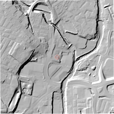 Shaded relief map of the ground around BL81AF, computed from Environment Agency LiDAR. The ground here sits at about 84 m above sea level and falls 29 m across the surrounding 800 m. Surface water reaching this point runs off ground lying to the north-north-west, 5.5 m higher.