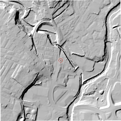 Shaded relief map of the ground around BL81AJ, computed from Environment Agency LiDAR. The ground here sits at about 87 m above sea level and falls 32 m across the surrounding 800 m. Surface water reaching this point runs off ground lying to the west-north-west, 11.2 m higher.