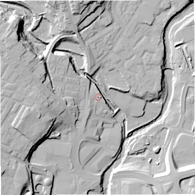 Shaded relief map of the ground around BL81AQ, computed from Environment Agency LiDAR. The ground here sits at about 86 m above sea level and falls 32 m across the surrounding 800 m. Surface water reaching this point runs off ground lying to the south-west, 10.0 m higher.