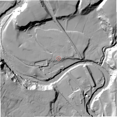 Shaded relief map of the ground around BL81DA, computed from Environment Agency LiDAR. The ground here sits at about 93 m above sea level and falls 35 m across the surrounding 800 m. Surface water reaching this point runs off ground lying to the east, 1.0 m higher.