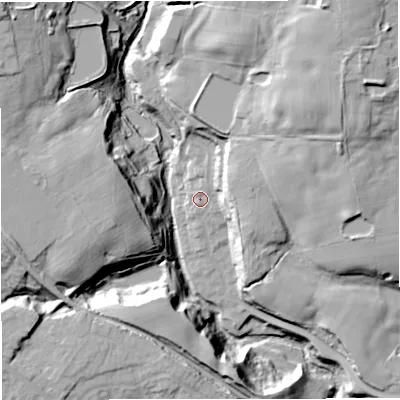 Shaded relief map of the ground around BL81WA, computed from Environment Agency LiDAR. The ground here sits at about 110 m above sea level and falls 40 m across the surrounding 800 m. Surface water reaching this point runs off ground lying to the east-north-east, 13.2 m higher.