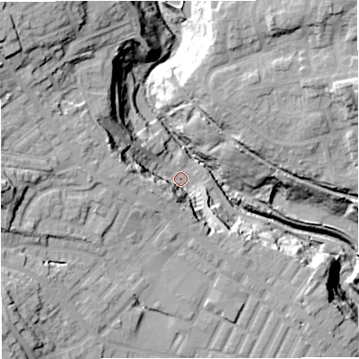 Shaded relief map of the ground around BL81WL, computed from Environment Agency LiDAR. The ground here sits at about 92 m above sea level and falls 37 m across the surrounding 800 m. Surface water reaching this point runs off ground lying to the north-west, 29.8 m higher.