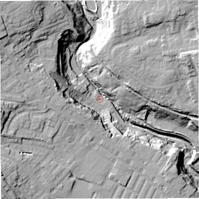 Shaded relief map of the ground around BL81WN, computed from Environment Agency LiDAR. The ground here sits at about 91 m above sea level and falls 37 m across the surrounding 800 m. Surface water reaching this point runs off ground lying to the north-west, 33.0 m higher.