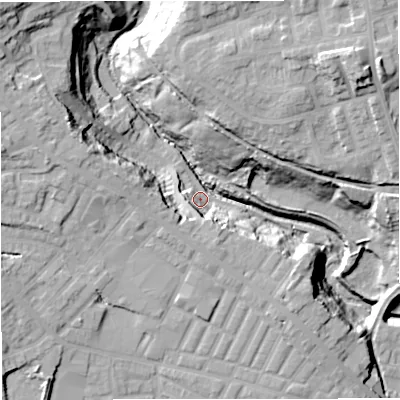 Shaded relief map of the ground around BL81WP, computed from Environment Agency LiDAR. The ground here sits at about 92 m above sea level and falls 34 m across the surrounding 800 m. Surface water reaching this point runs off ground lying to the north-east, 33.0 m higher.