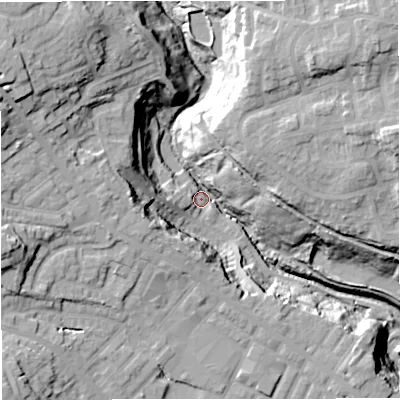 Shaded relief map of the ground around BL81WQ, computed from Environment Agency LiDAR. The ground here sits at about 91 m above sea level and falls 37 m across the surrounding 800 m. Surface water reaching this point runs off ground lying to the north-west, 33.4 m higher.