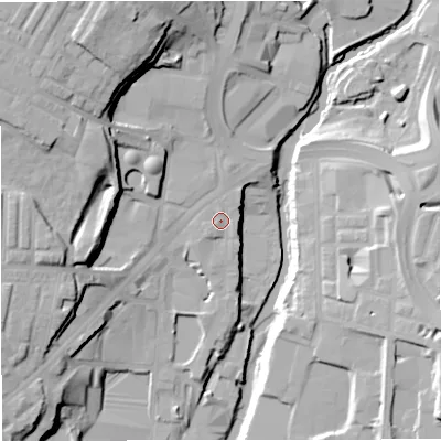 Shaded relief map of the ground around BL82AD, computed from Environment Agency LiDAR. The ground here sits at about 83 m above sea level and falls 29 m across the surrounding 800 m. Surface water reaching this point runs off ground lying to the north-east, 0.8 m higher.