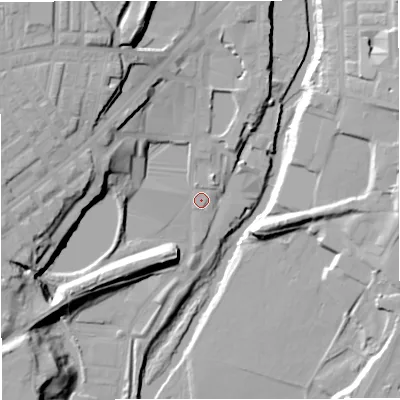 Shaded relief map of the ground around BL82AL, computed from Environment Agency LiDAR. The ground here sits at about 79 m above sea level and falls 25 m across the surrounding 800 m. Surface water reaching this point runs off ground lying to the west-north-west, 18.6 m higher.