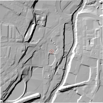 Shaded relief map of the ground around BL82AX, computed from Environment Agency LiDAR. The ground here sits at about 81 m above sea level and falls 26 m across the surrounding 800 m. Surface water reaching this point runs off ground lying to the north-west, 20.8 m higher.