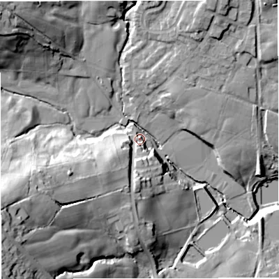 Shaded relief map of the ground around BL84AY, computed from Environment Agency LiDAR. The ground here sits at about 136 m above sea level and falls 51 m across the surrounding 800 m. Surface water reaching this point runs off ground lying to the west-south-west, 40.8 m higher.