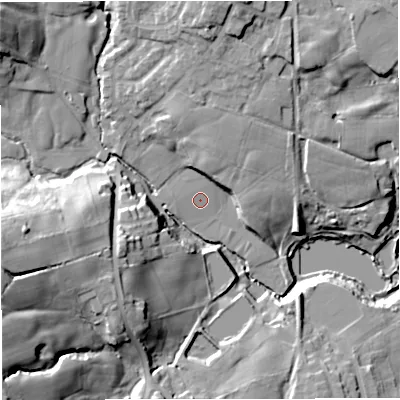 Shaded relief map of the ground around BL84HR, computed from Environment Agency LiDAR. The ground here sits at about 132 m above sea level and falls 41 m across the surrounding 800 m. Surface water reaching this point runs off ground lying to the north-north-east, 9.1 m higher.