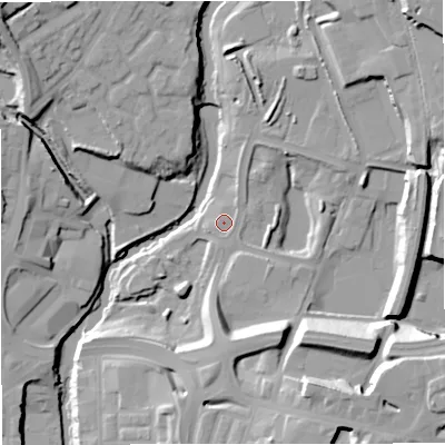 Shaded relief map of the ground around BL90AP, computed from Environment Agency LiDAR. The ground here sits at about 82 m above sea level and falls 24 m across the surrounding 800 m. Surface water reaching this point runs off ground lying to the east, 1.0 m higher.