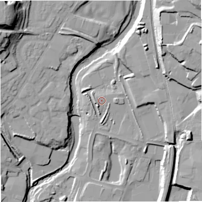 Shaded relief map of the ground around BL90FU, computed from Environment Agency LiDAR. The ground here sits at about 85 m above sea level and falls 34 m across the surrounding 800 m. Surface water reaching this point runs off ground lying to the west-south-west, 2.1 m higher.