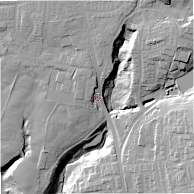 Shaded relief map of the ground around BL95JA, computed from Environment Agency LiDAR. The ground here sits at about 120 m above sea level and falls 51 m across the surrounding 800 m. Surface water reaching this point runs off ground lying to the north-north-east, 17.1 m higher.