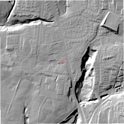 Shaded relief map of the ground around BL95JD, computed from Environment Agency LiDAR. The ground here sits at about 128 m above sea level and falls 46 m across the surrounding 800 m. Surface water reaching this point runs off ground lying to the north, 4.7 m higher.