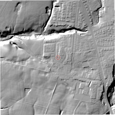 Shaded relief map of the ground around BL95JJ, computed from Environment Agency LiDAR. The ground here sits at about 126 m above sea level and falls 35 m across the surrounding 800 m. Surface water reaching this point runs off ground lying to the north-north-east, 4.0 m higher.