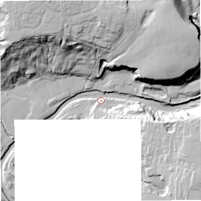 Shaded relief map of the ground around BL95PE, computed from Environment Agency LiDAR. The ground here sits at about 106 m above sea level and falls 51 m across the surrounding 800 m. Surface water reaching this point runs off ground lying to the east-south-east, 46.8 m higher.