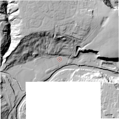 Shaded relief map of the ground around BL95PN, computed from Environment Agency LiDAR. The ground here sits at about 107 m above sea level and falls 48 m across the surrounding 800 m. Surface water reaching this point runs off ground lying to the north-north-west, 41.8 m higher.