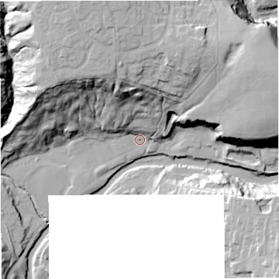 Shaded relief map of the ground around BL95PQ, computed from Environment Agency LiDAR. The ground here sits at about 107 m above sea level and falls 49 m across the surrounding 800 m. Surface water reaching this point runs off ground lying to the north, 36.5 m higher.